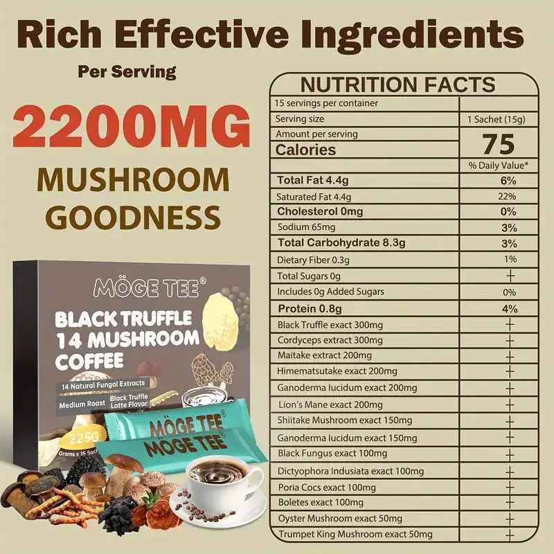 **"🍄 MOGE TEE 14 Mushroom Coffee"**   Enjoy the bold Black Truffle Latte and Cold Brew Arabica blend! Infused with 14 mushrooms, this coffee in 15 convenient 8oz packets delivers rich flavor and wellness in every sip.