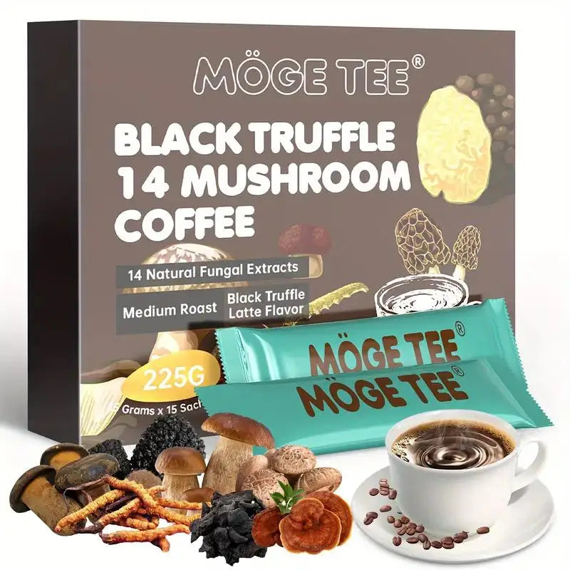 **"🍄 MOGE TEE 14 Mushroom Coffee"**   Enjoy the bold Black Truffle Latte and Cold Brew Arabica blend! Infused with 14 mushrooms, this coffee in 15 convenient 8oz packets delivers rich flavor and wellness in every sip.