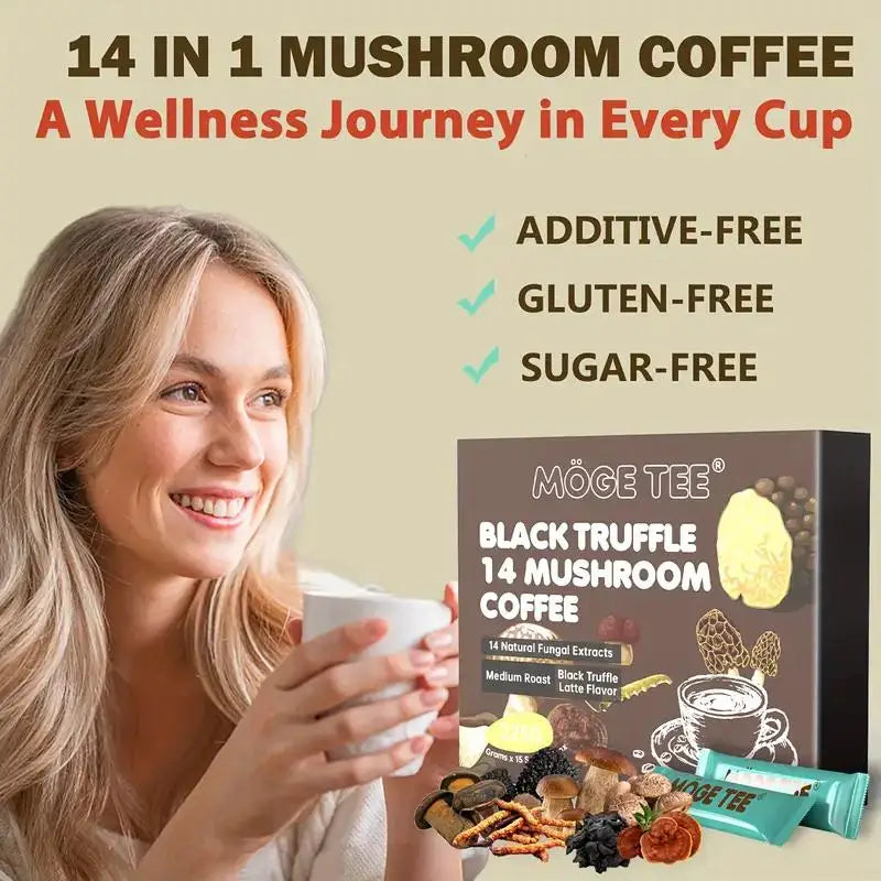 **"🍄 MOGE TEE 14 Mushroom Coffee"**   Enjoy the bold Black Truffle Latte and Cold Brew Arabica blend! Infused with 14 mushrooms, this coffee in 15 convenient 8oz packets delivers rich flavor and wellness in every sip.