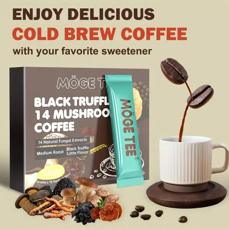 **"🍄 MOGE TEE 14 Mushroom Coffee"**   Enjoy the bold Black Truffle Latte and Cold Brew Arabica blend! Infused with 14 mushrooms, this coffee in 15 convenient 8oz packets delivers rich flavor and wellness in every sip.