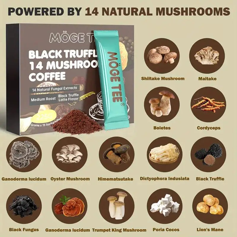 **"🍄 MOGE TEE 14 Mushroom Coffee"**   Enjoy the bold Black Truffle Latte and Cold Brew Arabica blend! Infused with 14 mushrooms, this coffee in 15 convenient 8oz packets delivers rich flavor and wellness in every sip.