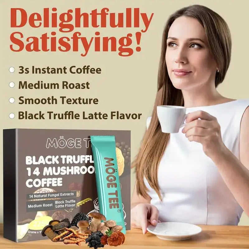 **"🍄 MOGE TEE 14 Mushroom Coffee"**   Enjoy the bold Black Truffle Latte and Cold Brew Arabica blend! Infused with 14 mushrooms, this coffee in 15 convenient 8oz packets delivers rich flavor and wellness in every sip.