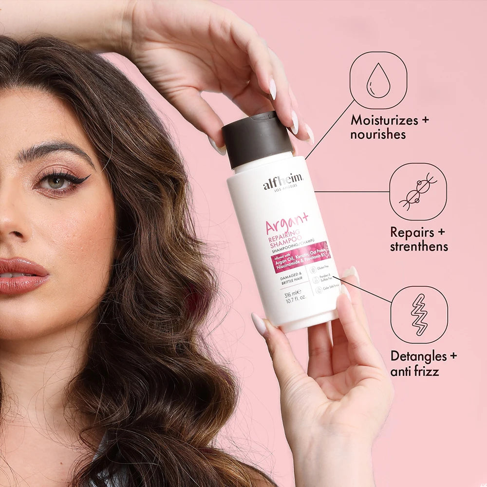 "Transform your hair with Argan Repairing Shampoo & Conditioner! Infused with argan oil, it repairs damage, restores moisture, and boosts shine for silky, luxurious hair every day."