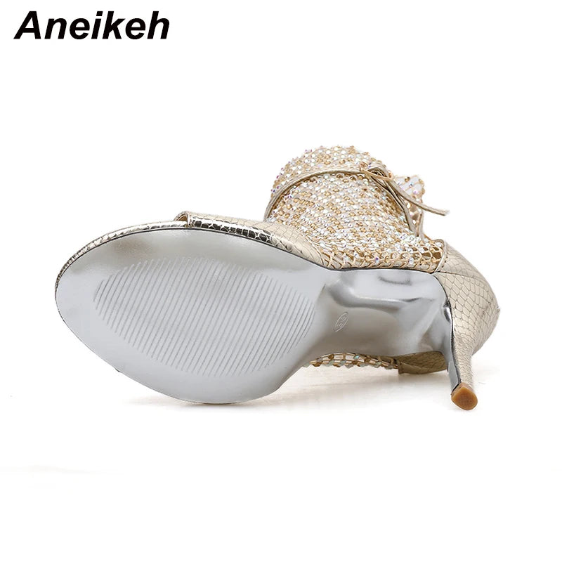 Discover the Aneikeh Glitter Gladiator Sandals: a stunning pair of high-heeled, peep-toe pumps that blend sexiness with comfort, thanks to their airy mesh design and sleek, thin heels.