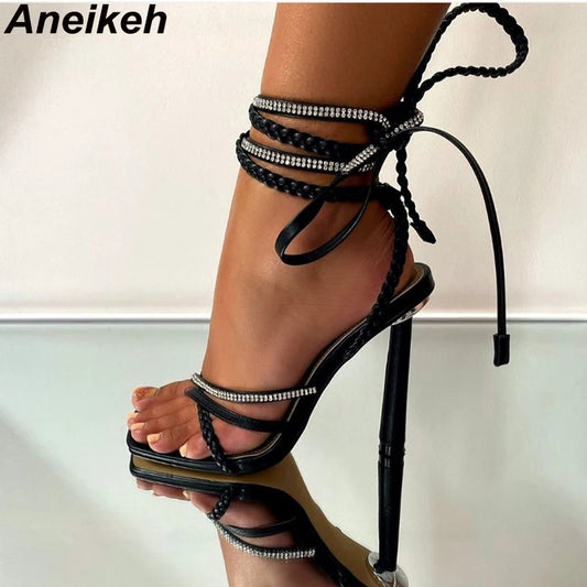 Discover the Aneikeh 2024 collection: stunning Crystal Bling Sandals for women, featuring gladiator-inspired stiletto heels and chic cross-tied pumps. A dazzling choice for those who want to stand out!