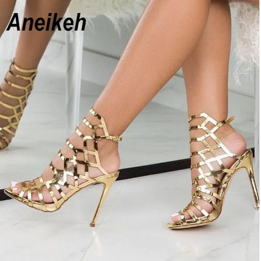 Discover the Aneikeh 2024 collection: stunning, sexy hollow-out super high heels for women. These patent leather gladiator sandals in a striking golden hue are the epitome of glamour and style.