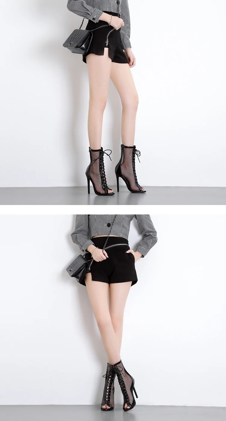 Eilyken's Gladiator Stiletto Heels: the ultimate women's boots with a peep toe and cross-tied lace-up design. These sexy, hollow-out pumps are sure to turn heads and elevate any outfit.