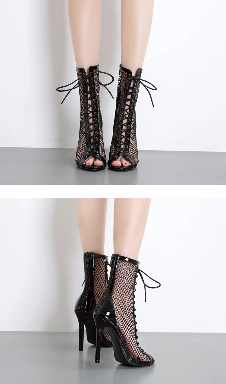 Eilyken's Gladiator Stiletto Heels: the ultimate women's boots with a peep toe and cross-tied lace-up design. These sexy, hollow-out pumps are sure to turn heads and elevate any outfit.