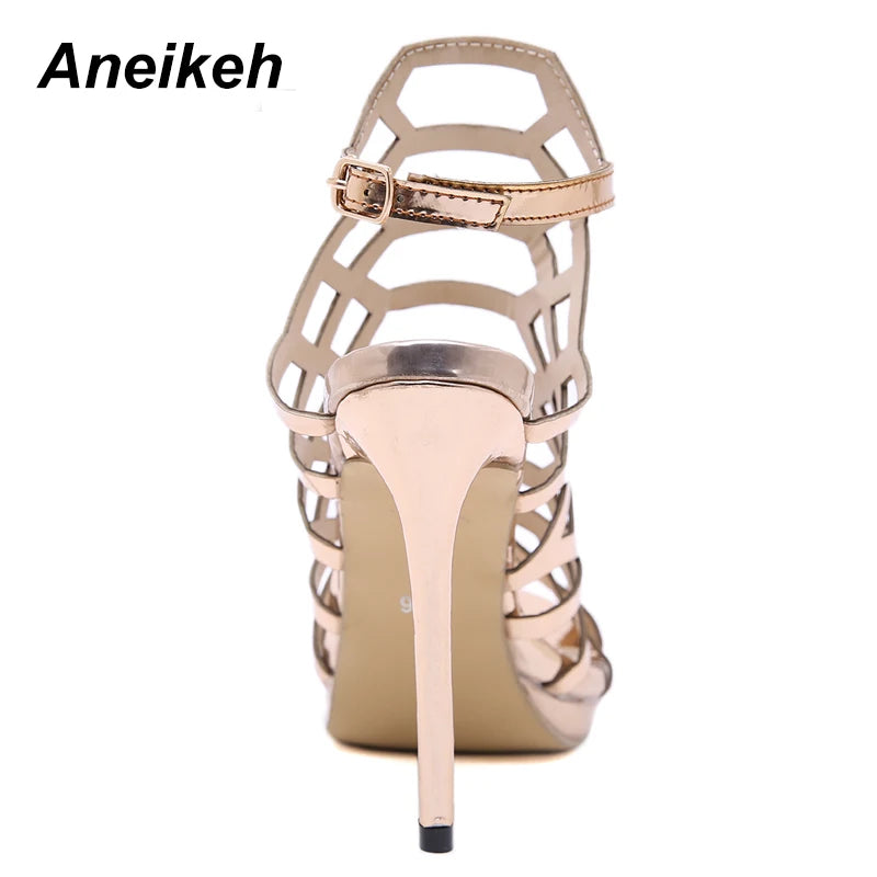 Discover the Aneikeh 2024 collection: stunning, sexy hollow-out super high heels for women. These patent leather gladiator sandals in a striking golden hue are the epitome of glamour and style.