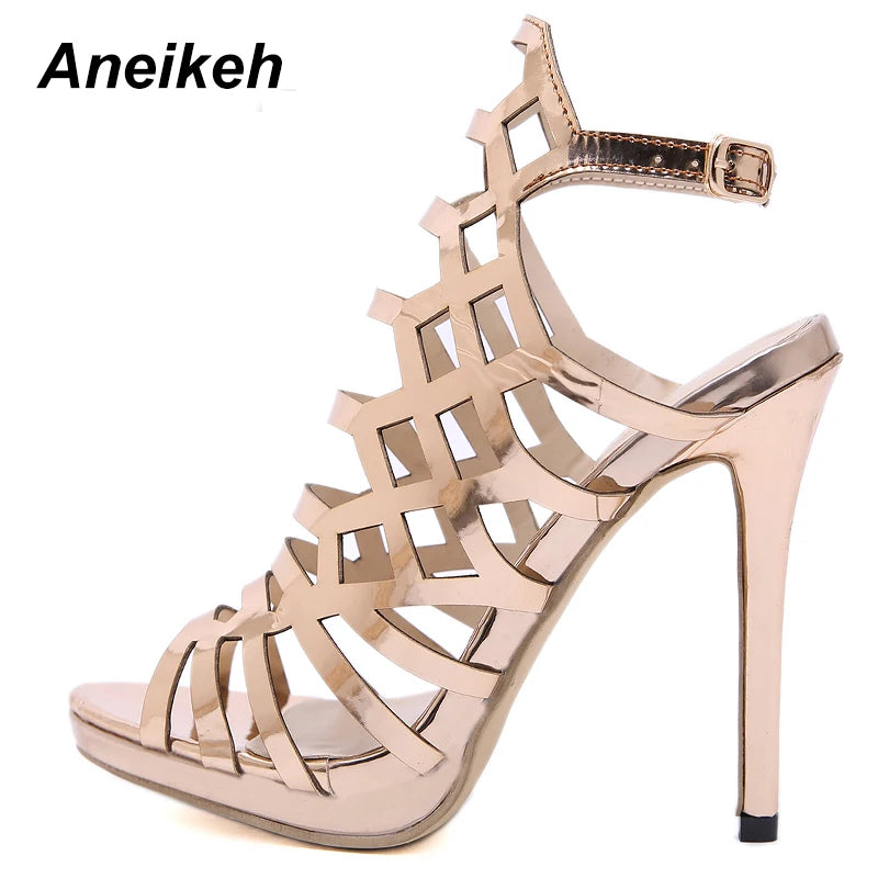 Discover the Aneikeh 2024 collection: stunning, sexy hollow-out super high heels for women. These patent leather gladiator sandals in a striking golden hue are the epitome of glamour and style.