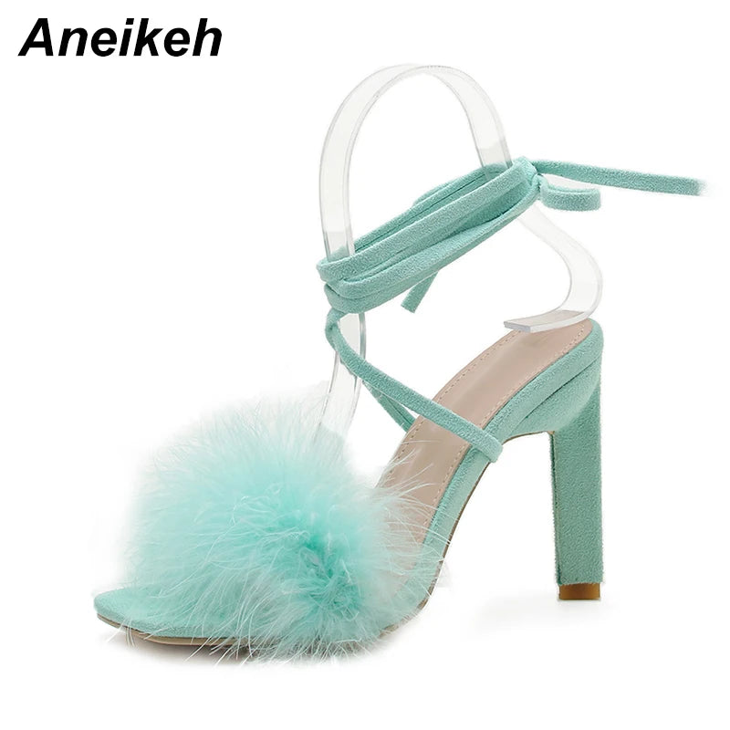 Discover the allure of Aneikeh Rome's fashion-forward furry cross-tied pumps. These women's sandals feature a seductive thin high heel and a lace-up design that exudes elegance and style.