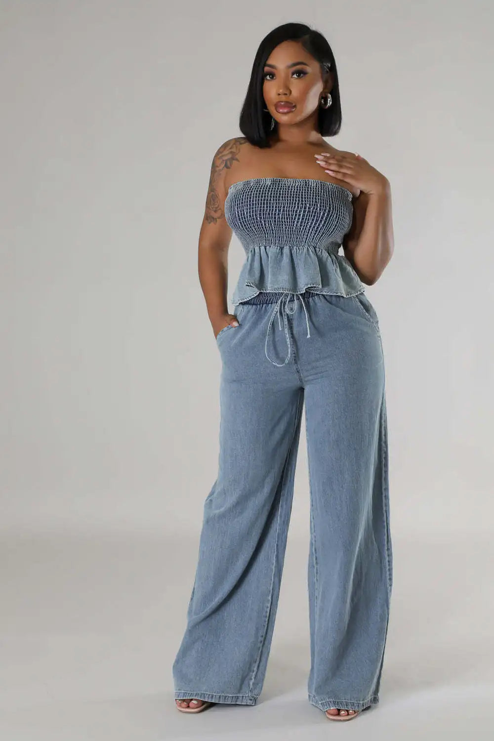 "Two-Piece Denim Set: Ruffle Crop Top & Wide Leg Jeans | Women's Matching Outfit"