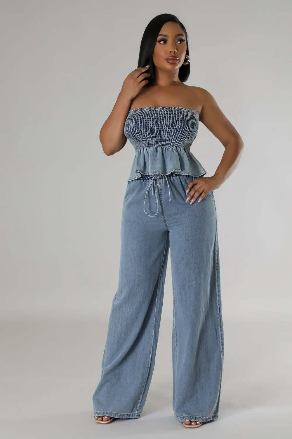 "Two-Piece Denim Set: Ruffle Crop Top & Wide Leg Jeans | Women's Matching Outfit"