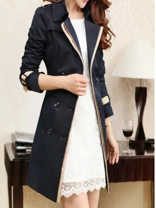 Women's Trench Coat with Turn-Down Collar, Full Sleeves, and a Slim Fit Design. This Double-Breasted, Mid-Length Coat is Perfect for Autumn, Featuring a Chic Solid Color and Stylish Splice Detail.