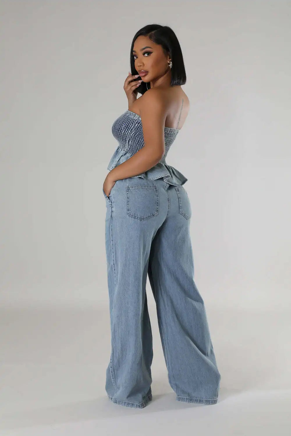 "Two-Piece Denim Set: Ruffle Crop Top & Wide Leg Jeans | Women's Matching Outfit"