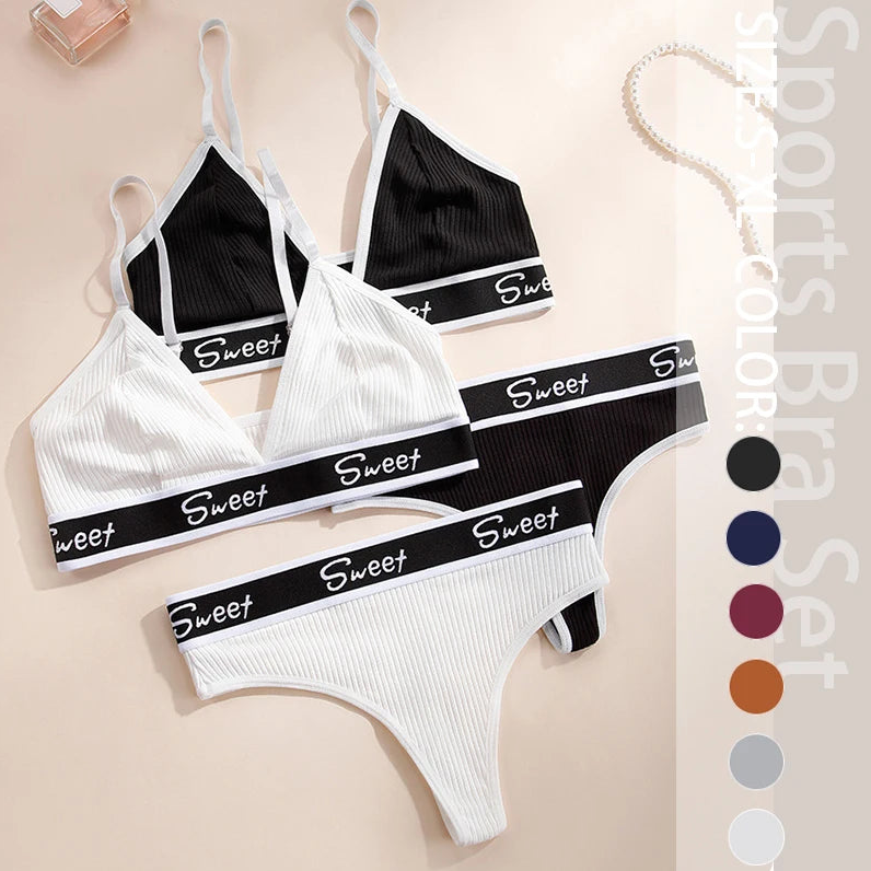 **"Wireless Ribbed Cotton Underwear Set"**  
Experience the perfect blend of comfort and allure with Tye Meshun's wireless ribbed cotton underwear set. Featuring a flattering triangle cup and thong silhouette, this no-steel-r