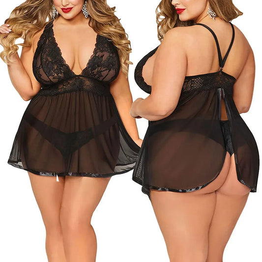 Hot Sale: Plus Size Black Lace Babydoll – Deep V & Open Back Lingerie