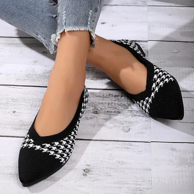 Discover the elegance of Houndstooth Knitted Ballet Flats, featuring a sleek point toe design. Indulge in the comfort of Mesh Moccasins and the bold style of Ladies' Leopard Loafers, all crafted with a soft touch for the mode