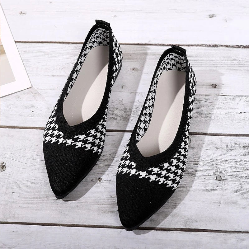 Discover the elegance of Houndstooth Knitted Ballet Flats, featuring a sleek point toe design. Indulge in the comfort of Mesh Moccasins and the bold style of Ladies' Leopard Loafers, all crafted with a soft touch for the mode