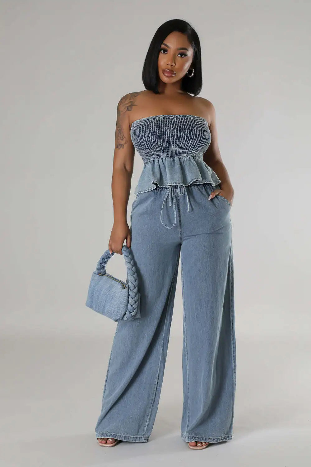 "Two-Piece Denim Set: Ruffle Crop Top & Wide Leg Jeans | Women's Matching Outfit"