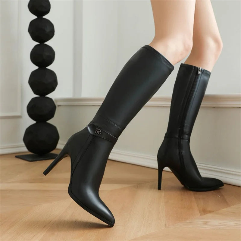 Elevate your winter fashion with these chic knee-high boots for women, featuring sleek pointed heels and a stunning long silhouette in classic black.