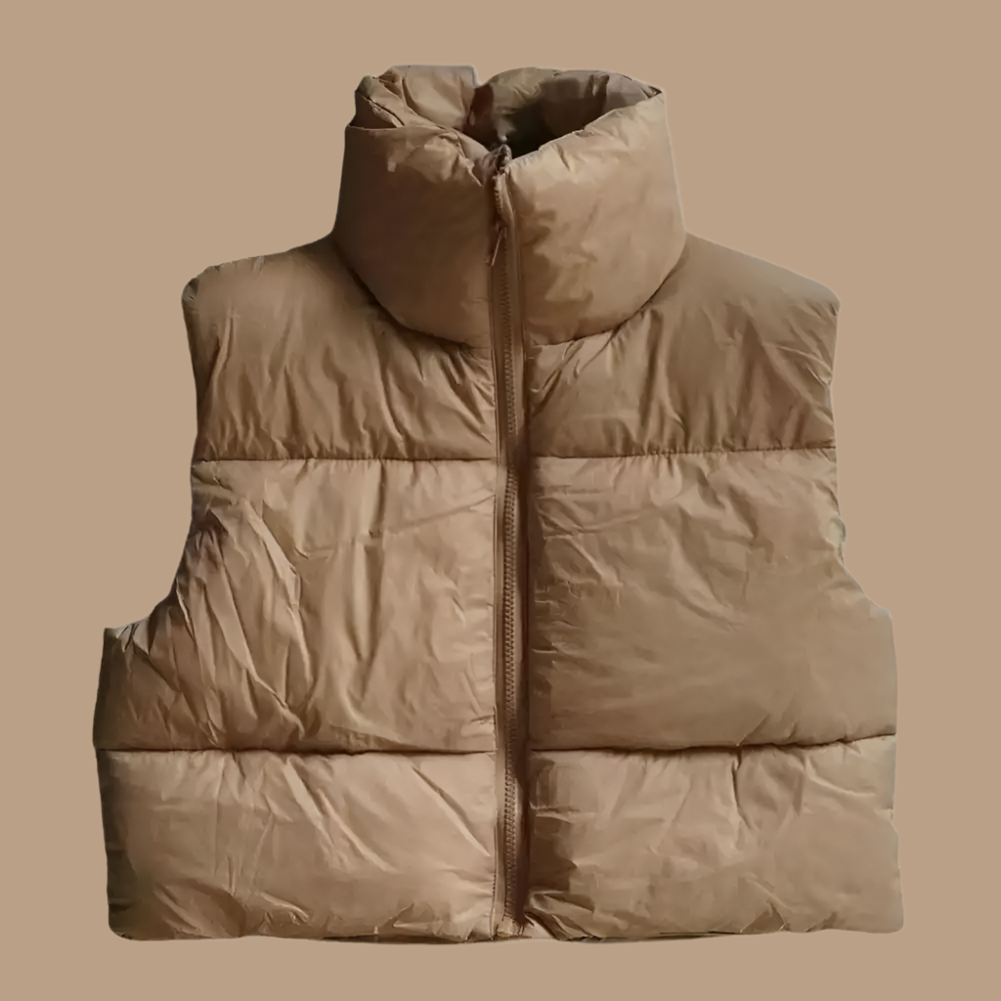 Fashionable Women's Cropped Puffer Vest: A Warm, Solid-Colored, Lightweight, Sleeveless Zippered Down Jacket for Winter Outerwear and Street Style