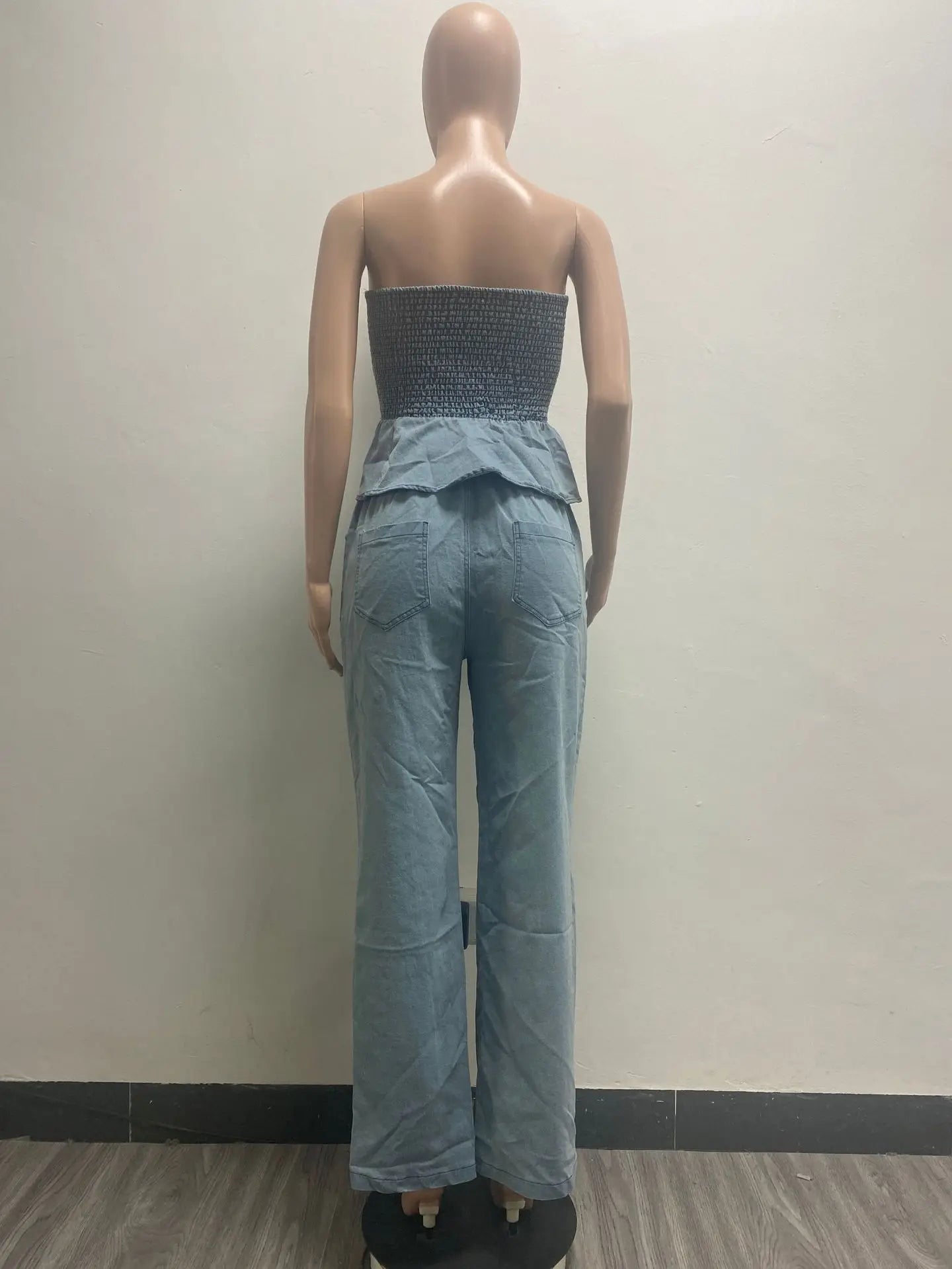 "Two-Piece Denim Set: Ruffle Crop Top & Wide Leg Jeans | Women's Matching Outfit"