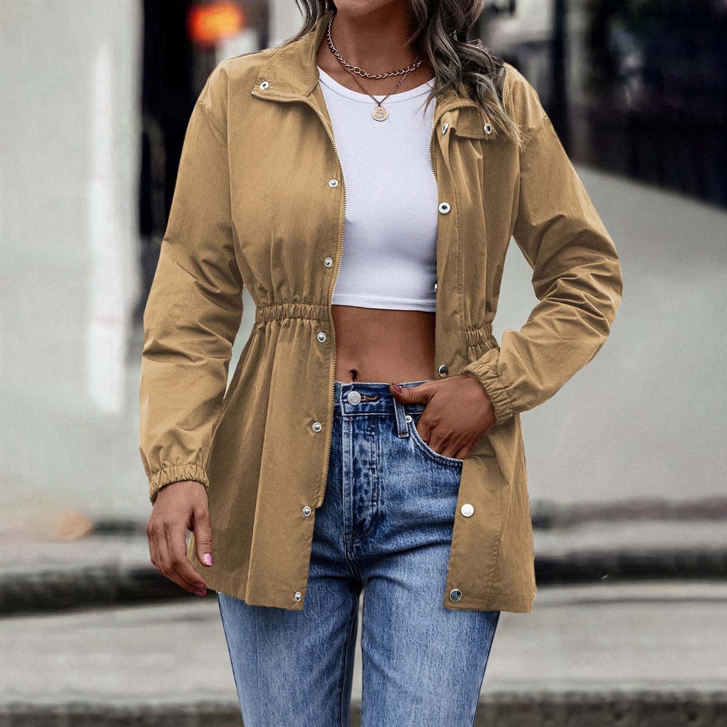 Retro High-Waisted Jacket: A chic, solid-hued windbreaker perfect for braving the autumn chill or the winter gusts. Its long sleeves are not just a style statement—they're your defense against the breeze!