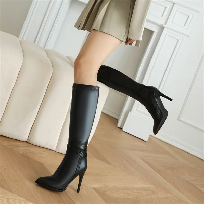 Elevate your winter fashion with these chic knee-high boots for women, featuring sleek pointed heels and a stunning long silhouette in classic black.