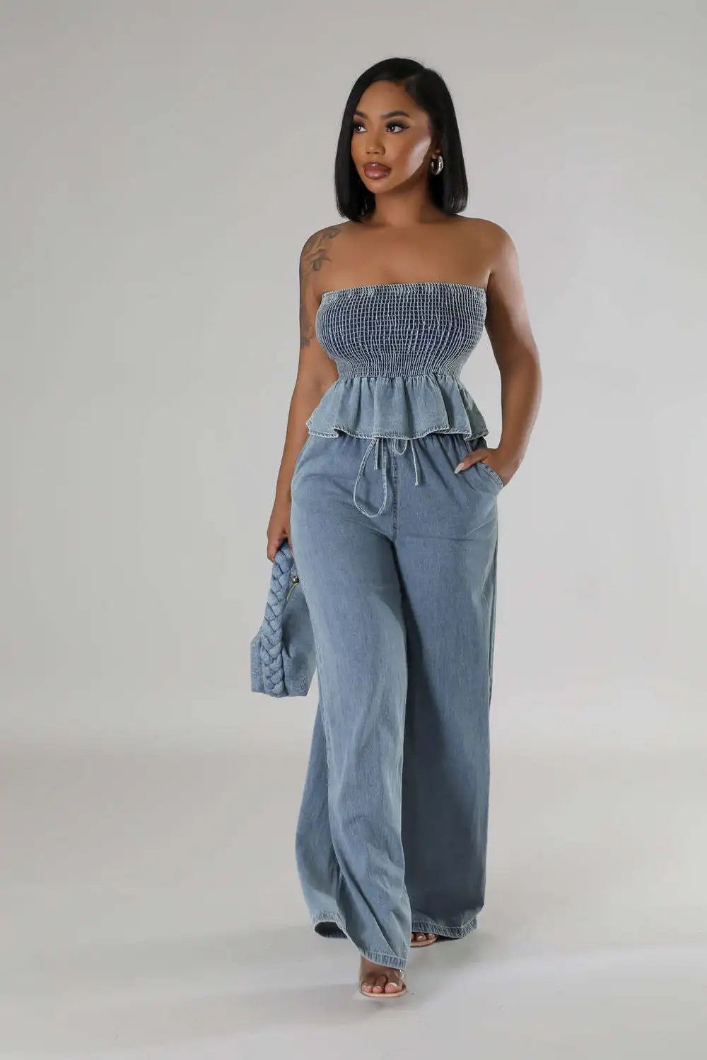 "Two-Piece Denim Set: Ruffle Crop Top & Wide Leg Jeans | Women's Matching Outfit"