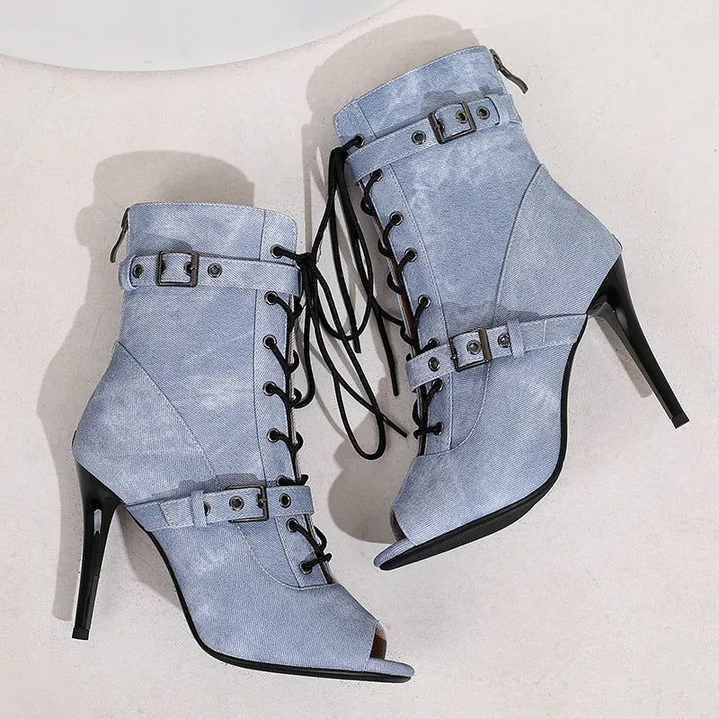 Ladies' Denim Dazzlers: Sassy High-Heeled Sandals with a Peep-Toe Twist, Dancefloor-Ready Boots, and Sky-High Stiletto Pumps – Step Up Your Shoe Game!