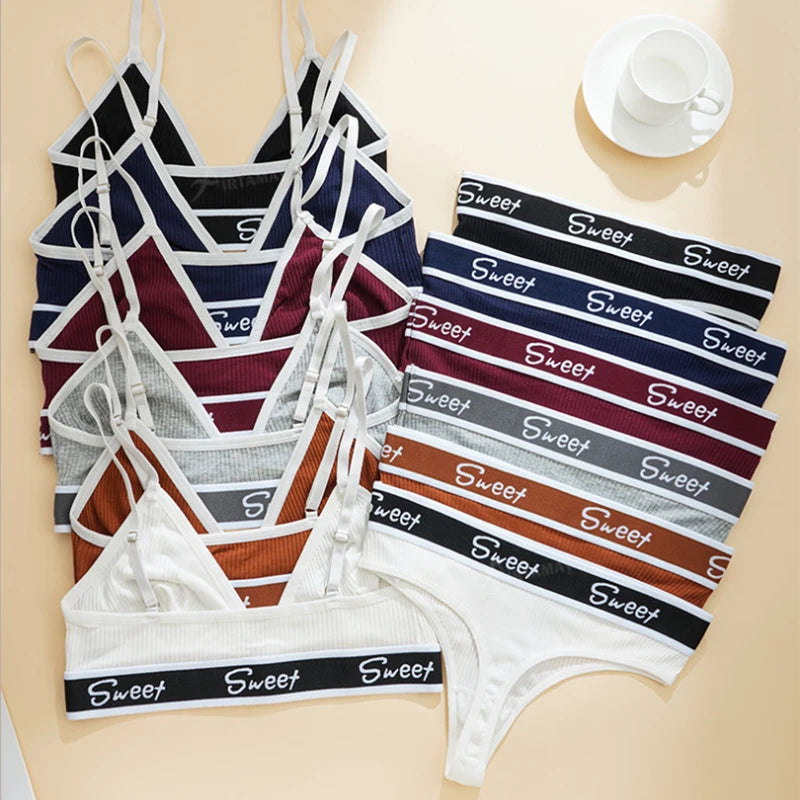 **"Wireless Ribbed Cotton Underwear Set"**  
Experience the perfect blend of comfort and allure with Tye Meshun's wireless ribbed cotton underwear set. Featuring a flattering triangle cup and thong silhouette, this no-steel-r