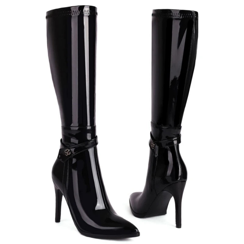 Elevate your winter fashion with these chic knee-high boots for women, featuring sleek pointed heels and a stunning long silhouette in classic black.