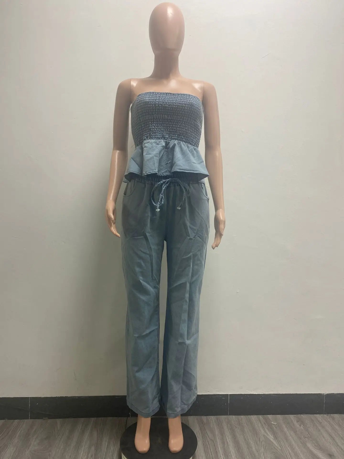 "Two-Piece Denim Set: Ruffle Crop Top & Wide Leg Jeans | Women's Matching Outfit"