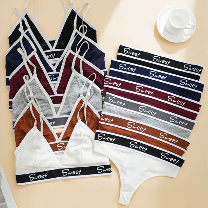 **"Wireless Ribbed Cotton Underwear Set"**  
Experience the perfect blend of comfort and allure with Tye Meshun's wireless ribbed cotton underwear set. Featuring a flattering triangle cup and thong silhouette, this no-steel-r