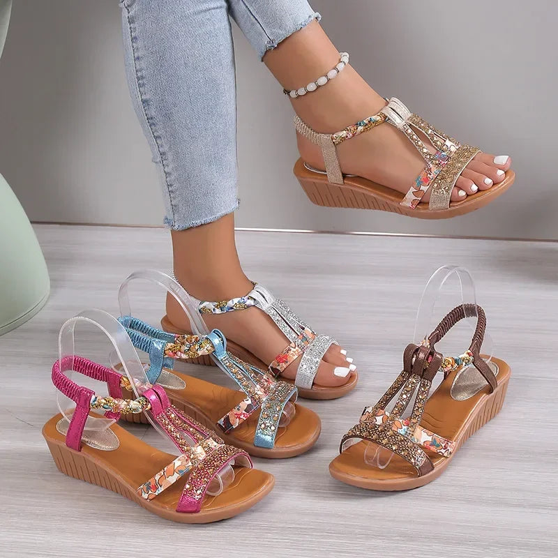 **"Women's Bohemian Rhinestone Wedge Sandals"**  
Turn heads with Tye Meshun's flirty rhinestone wedge sandals! These playful platforms sparkle with boho charm, offering cushioned comfort and a breezy peep-toe design. Slip th