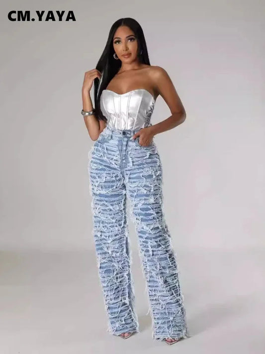 Discover the CM.YAYA Street Denim Pants for Women, featuring a chic ripped design with playful tassels, a flattering high waist with a zipper, and a straight, loose fit perfect for fall. These trousers are the ultimate party