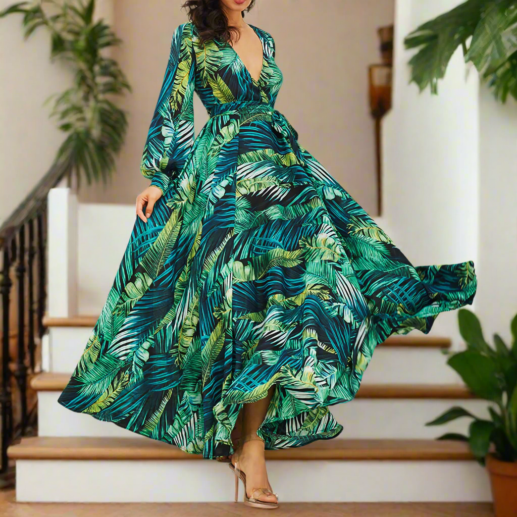 This boho green leaf print maxi dress has a V-neck and is backless. It's great for a special occasion, and the plunging neckline and backless design make it a bit daring.