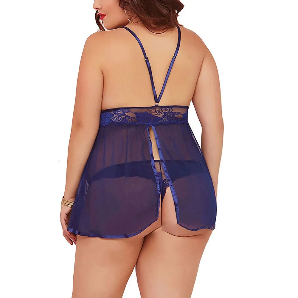 Hot Sale: Plus Size Black Lace Babydoll – Deep V & Open Back Lingerie