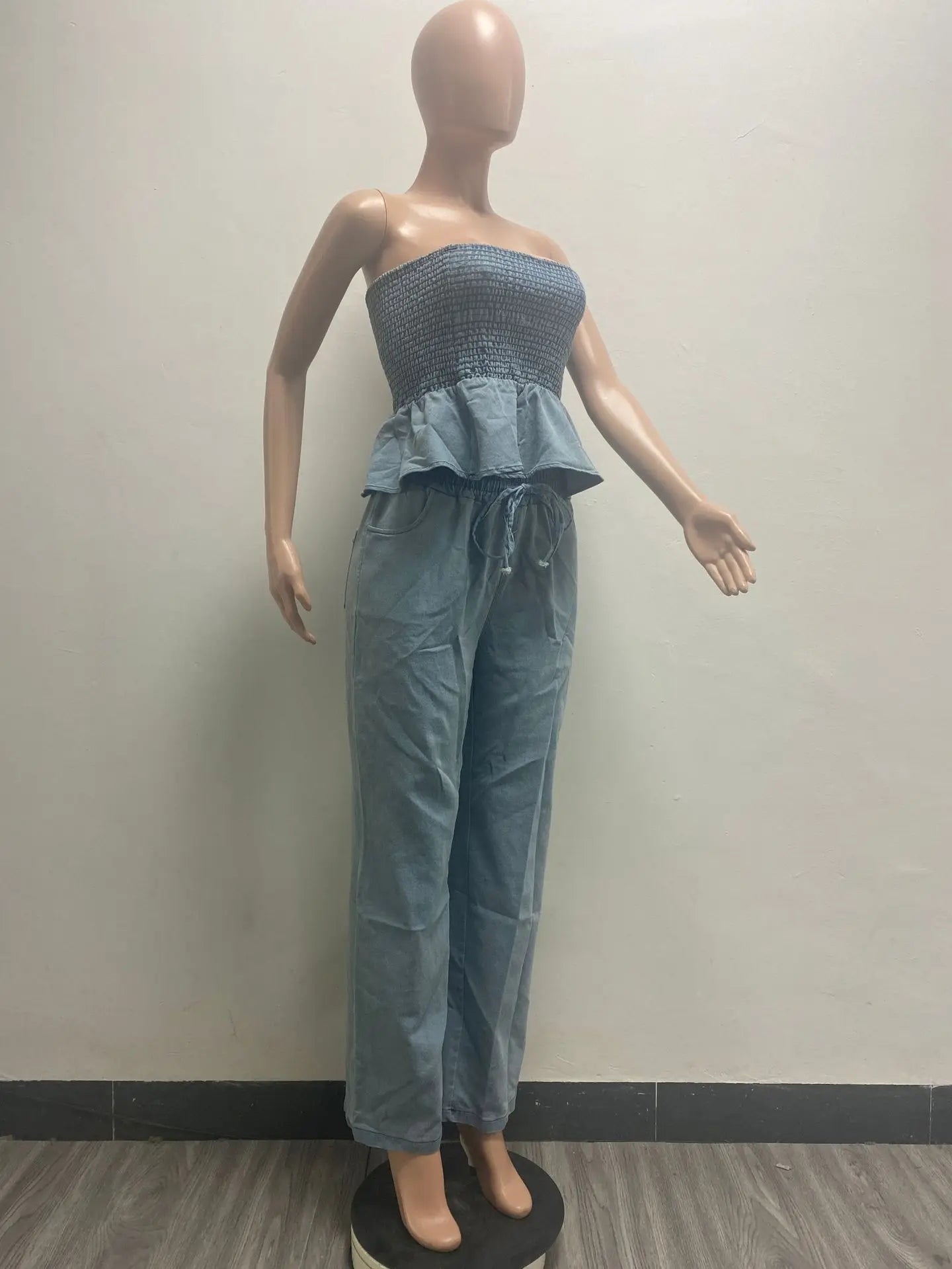 "Two-Piece Denim Set: Ruffle Crop Top & Wide Leg Jeans | Women's Matching Outfit"