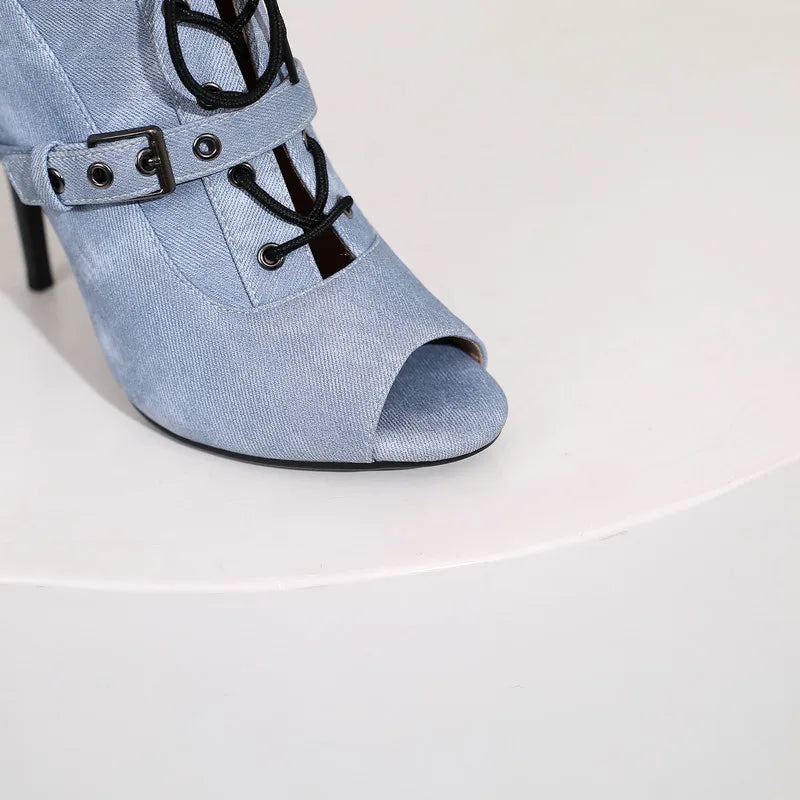 Ladies' Denim Dazzlers: Sassy High-Heeled Sandals with a Peep-Toe Twist, Dancefloor-Ready Boots, and Sky-High Stiletto Pumps – Step Up Your Shoe Game!