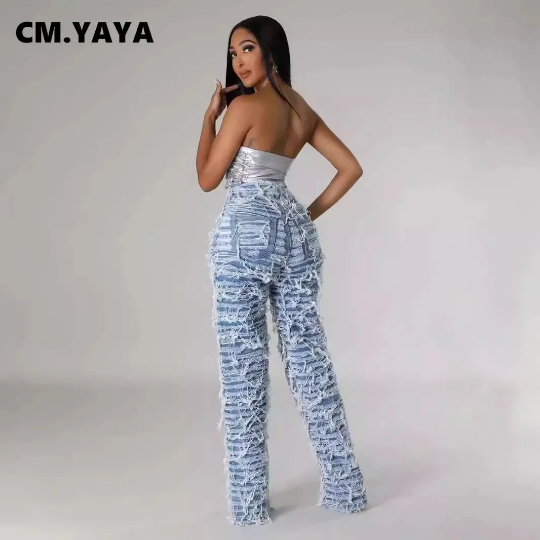 Discover the CM.YAYA Street Denim Pants for Women, featuring a chic ripped design with playful tassels, a flattering high waist with a zipper, and a straight, loose fit perfect for fall. These trousers are the ultimate party