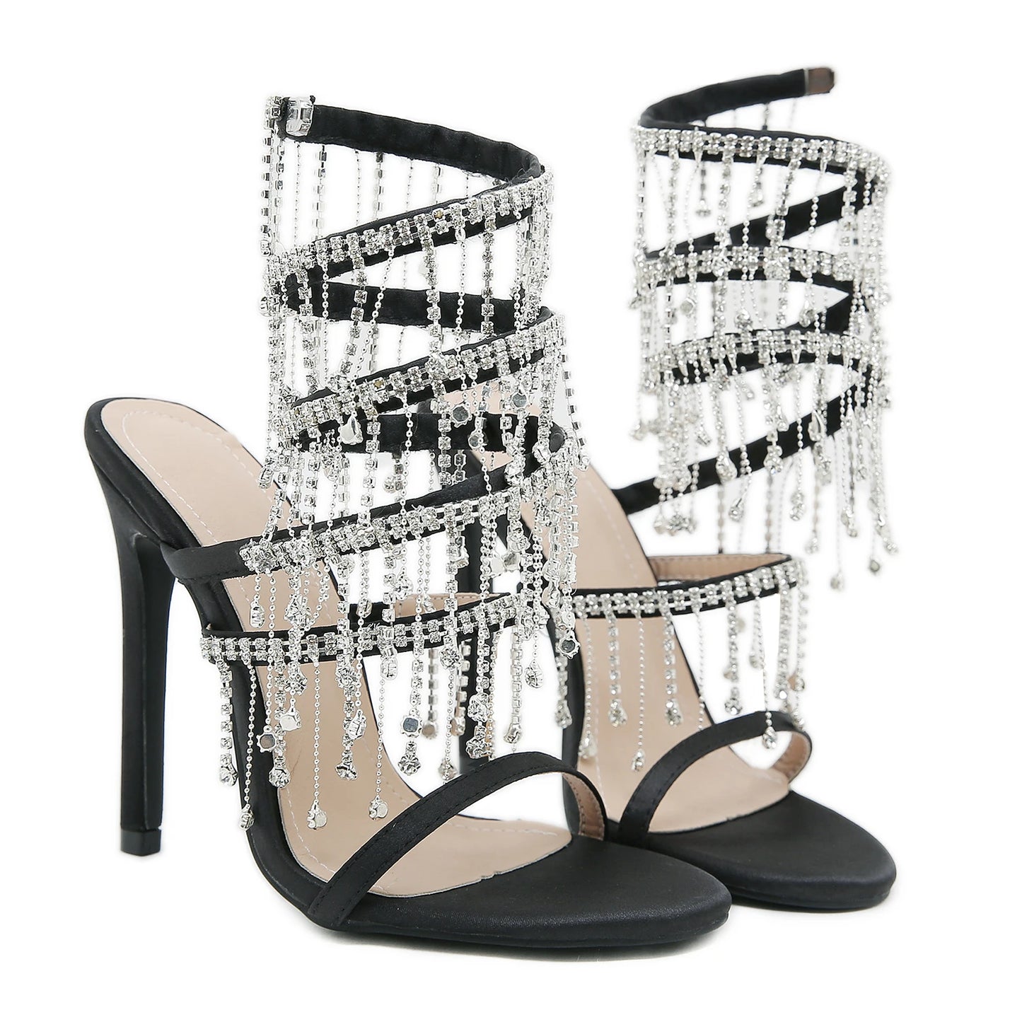 Discover the Aneikeh Fashion collection: dazzling rhinestone sandals with a string bead design, featuring a stiletto heel and wrap strap, complete with a peep toe for a touch of elegance.