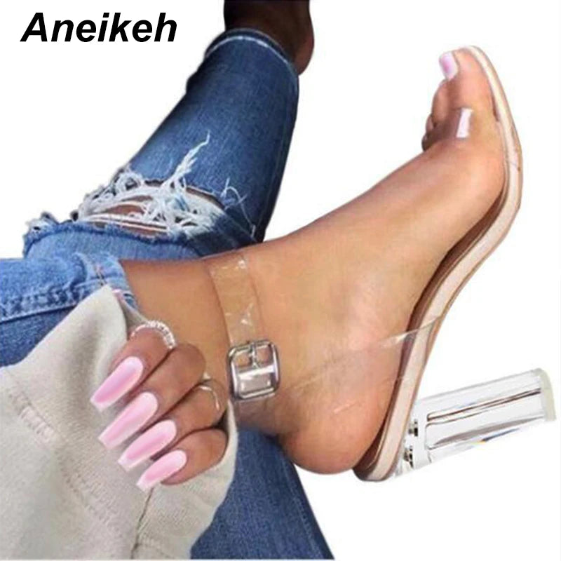 Discover the Aneikeh Sexy Clear PVC Transparent Pumps: high-heeled sandals with a Perspex design, featuring a women's buckle strap for parties and nightclubs. These 'Zapatillas De Mujer' are the latest trend!