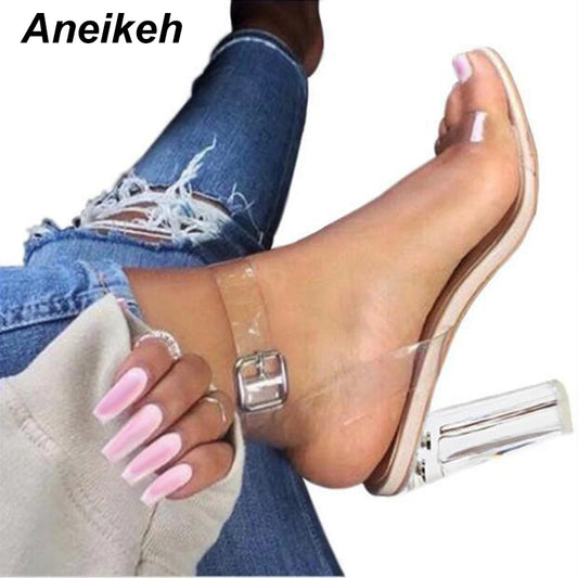 Discover the Aneikeh Sexy Clear PVC Transparent Pumps: high-heeled sandals with a Perspex design, featuring a women's buckle strap for parties and nightclubs. These 'Zapatillas De Mujer' are the latest trend!