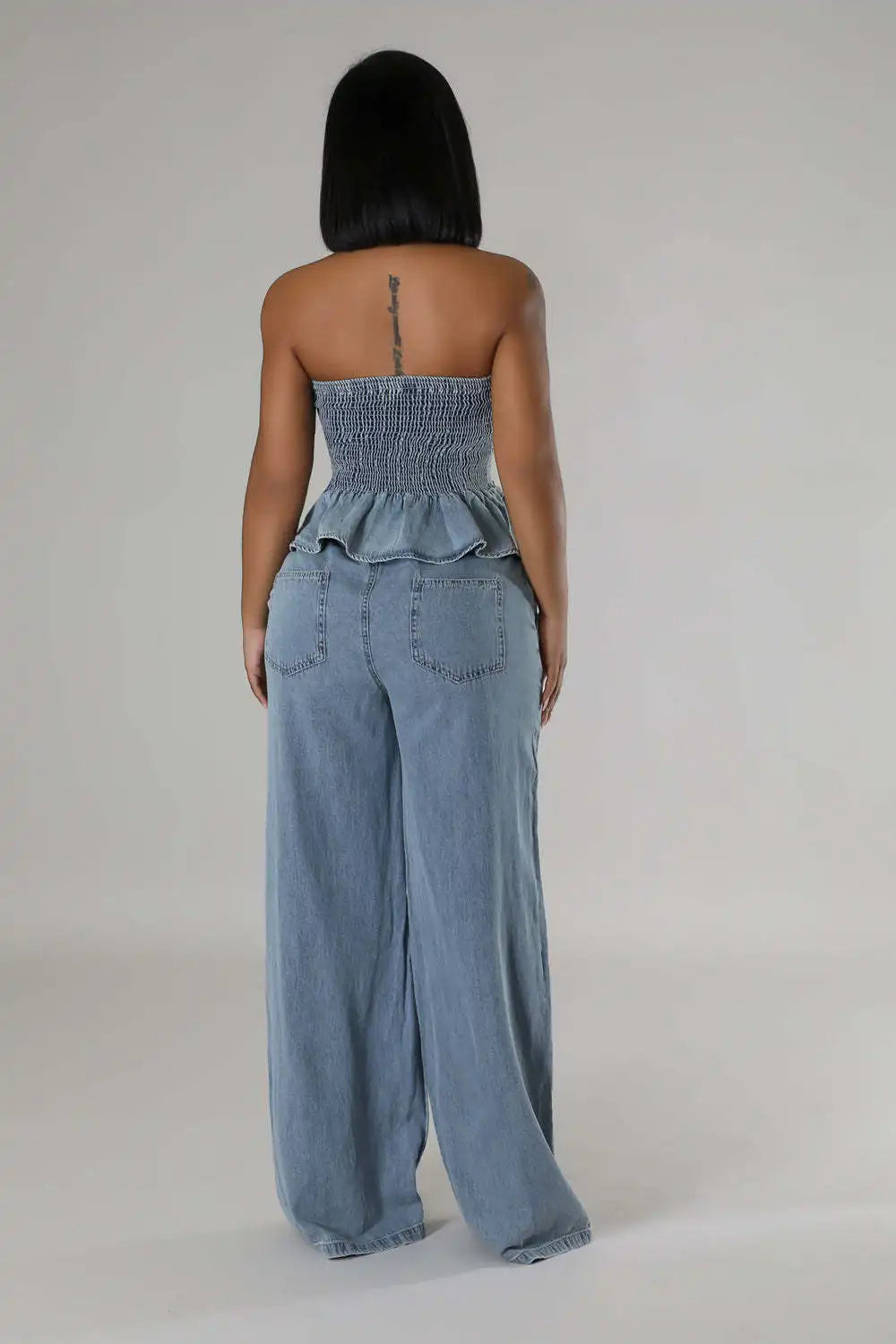 "Two-Piece Denim Set: Ruffle Crop Top & Wide Leg Jeans | Women's Matching Outfit"