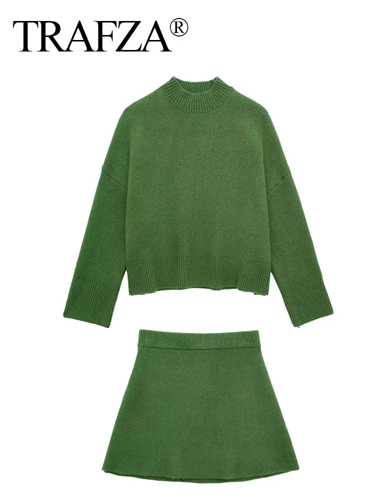 Discover the elegance of spring with our Women's Green Skirt Set, featuring a long-sleeve, O-neck sweater pullover top paired with a chic, slim A-line mini skirt. This ensemble combines comfort and style for a sophisticated l