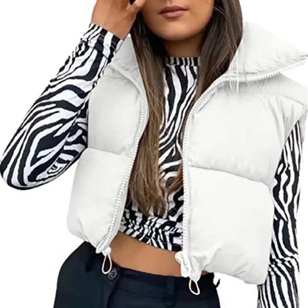 Fashionable Women's Cropped Puffer Vest: A Warm, Solid-Colored, Lightweight, Sleeveless Zippered Down Jacket for Winter Outerwear and Street Style