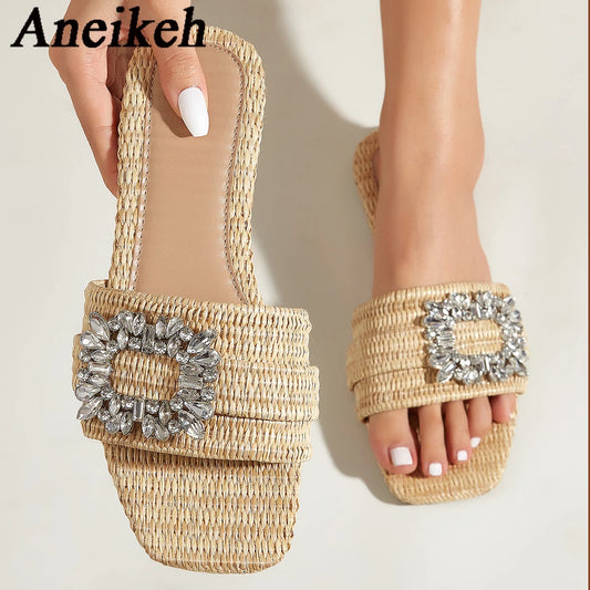 Aneikeh brings a touch of casual elegance with their square-toed, cane-woven flat heels for women. Adorned with sparkling crystals, these chic slippers are the ideal choice for a stylish beach getaway.