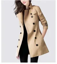 Women's Trench Coat with Turn-Down Collar, Full Sleeves, and a Slim Fit Design. This Double-Breasted, Mid-Length Coat is Perfect for Autumn, Featuring a Chic Solid Color and Stylish Splice Detail.